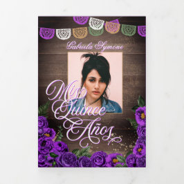 Rustikale Charro Royal Lila Rose Quinceañera Dreifach Gefaltete Einladung
