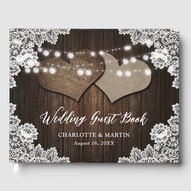 Rustikale Chic Barn Wood Hearts Lace Country Weddi Gästebuch (Vorderseite)