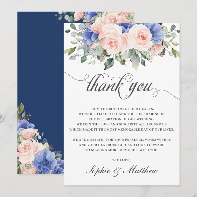 Rustikale Chic Blush Blue Floral Rose Hochzeit Bri Dankeskarte (Vorne/Hinten)