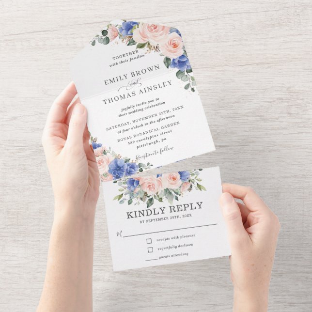 Rustikale Chic Blush Blues Blütengrün Hochzeit All In One Einladung (Abreißen)