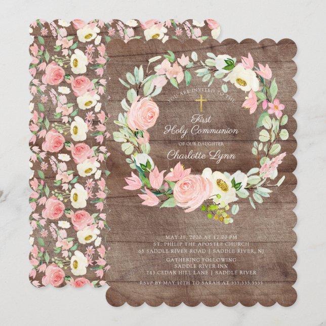Rustikale Chic Blush Pink Floral Erste Kommune Einladung (Vorne/Hinten)