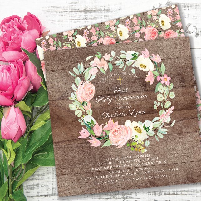 Rustikale Chic Blush Pink Floral Erste Kommune Einladung (Von Creator hochgeladen)