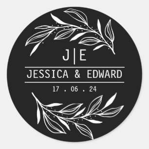 Rustikale Chic Botanical Couple Initials Schwarz-w Runder Aufkleber