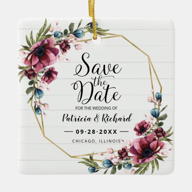 Rustikale Chic Burgund Floral Wedding rettet das D Keramikornament (Vorderseite)