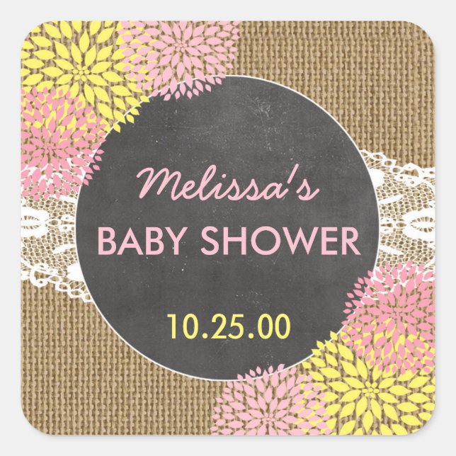 Rustikale Chic Burlap Rosa gelbe Babydusche Gefall Quadratischer Aufkleber (Vorderseite)
