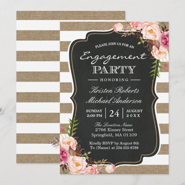 Rustikale Chic Burlap Stripes floral Engagement Pa Einladung (Vorne/Hinten)