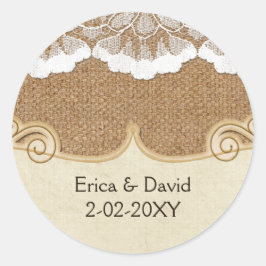 Rustikale Chic Burlap- und Spitzenlandhochzeit Runder Aufkleber