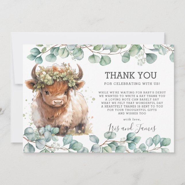 Rustikale Chic Greenerity Highland Cow Baby Shower Dankeskarte (Vorderseite)
