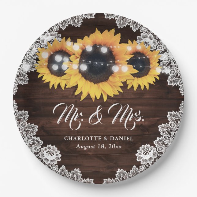 Rustikale Chic Wood Lace Sonnenblume Hochzeit Pappteller (Vorderseite)
