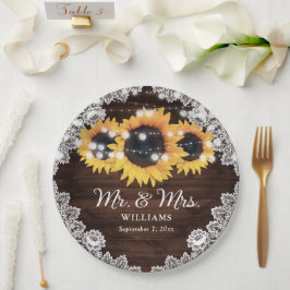 Rustikale Chic Wood Lace Sonnenblume Hochzeit Pappteller