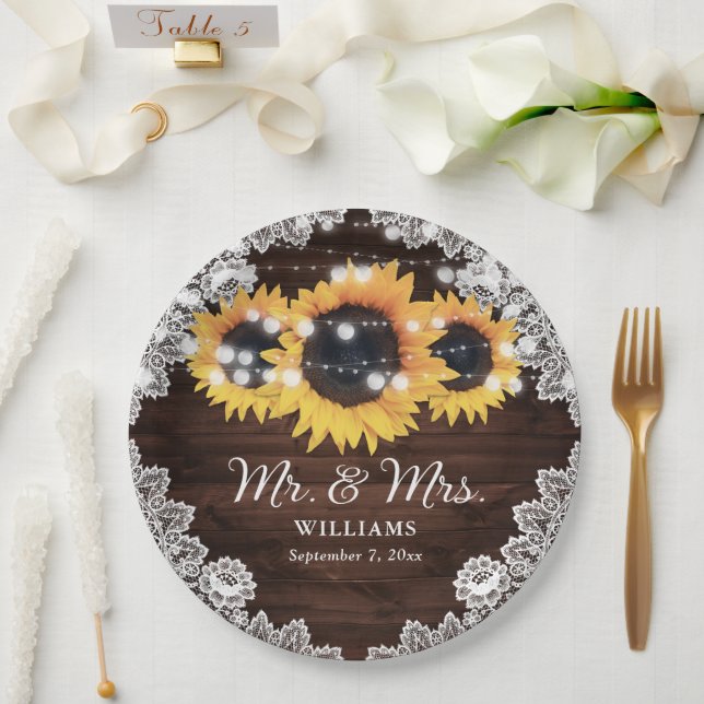 Rustikale Chic Wood Lace Sonnenblume Hochzeit Pappteller (Hochzeit)