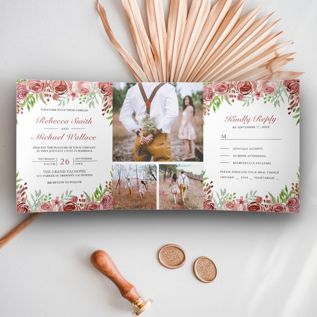 Rustikale Cinnamon Rose Blumenfotografie Hochzeit Dreifach Gefaltete Einladung (Von Creator hochgeladen)