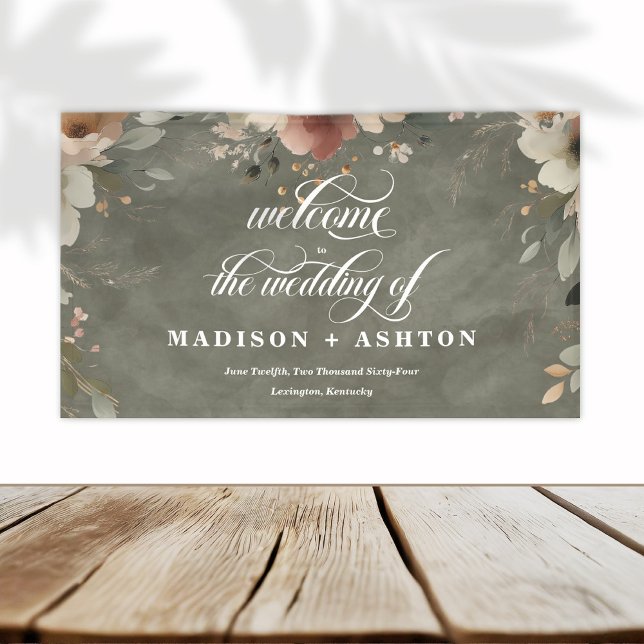 Rustikale Cotgingcore Grün Hochzeit Willkommen Banner (Step into a world where love and nature intertwine, with our Ethereal Elegance Wedding Banners.)