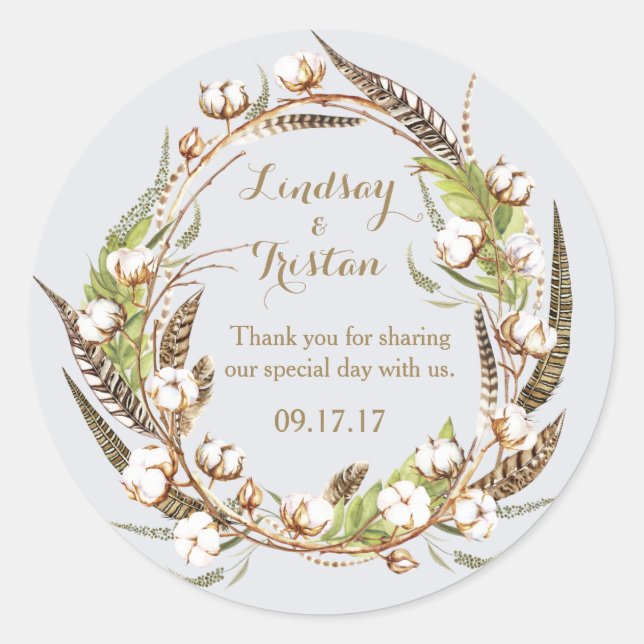 Rustikale Cotton Floral Wedding Runder Aufkleber (Vorderseite)