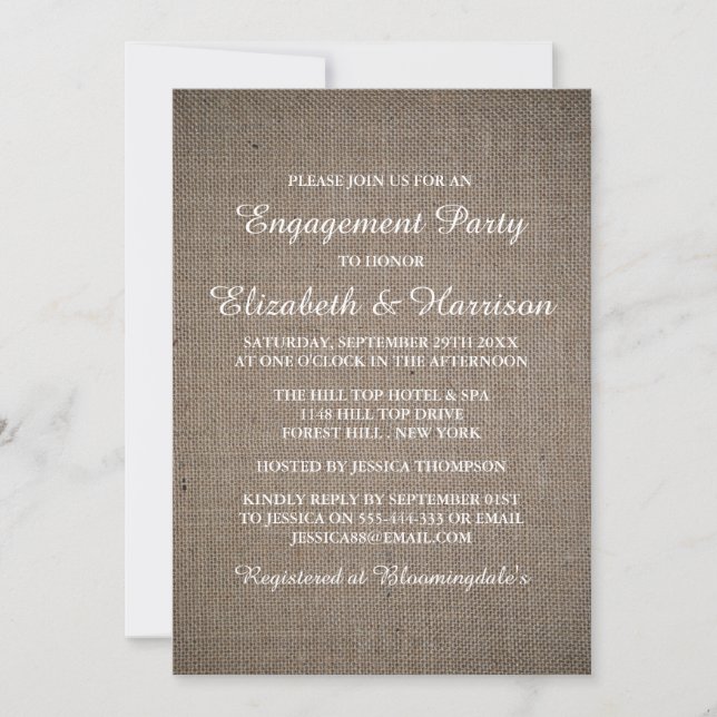 Rustikale Country Burlap Engagement Party oder Dus Einladung (Vorderseite)