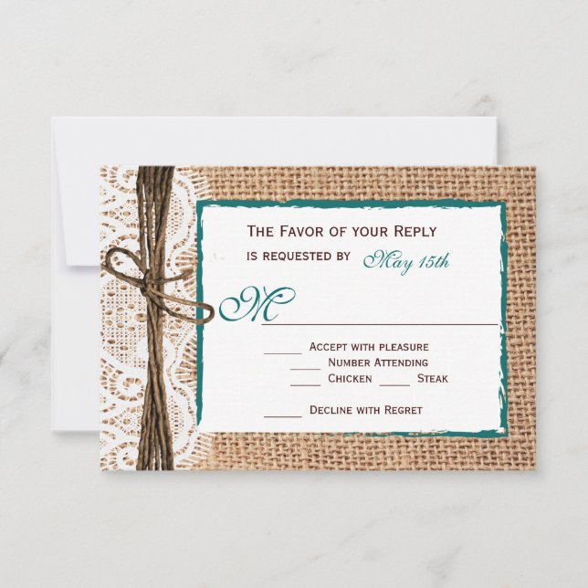Rustikale Country Burlap Lace Aquamarine Hochzeits RSVP Karte (Vorderseite)