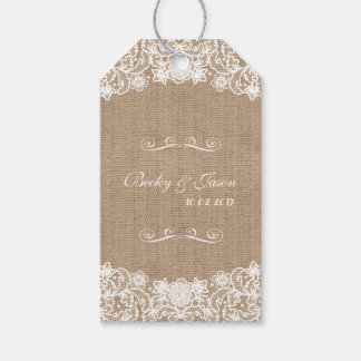 Rustikale Country Burlap Lace Hochzeitsmarken Geschenkanhänger