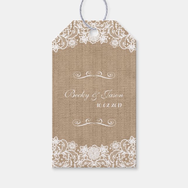 Rustikale Country Burlap Lace Hochzeitsmarken Geschenkanhänger (Vorderseite)