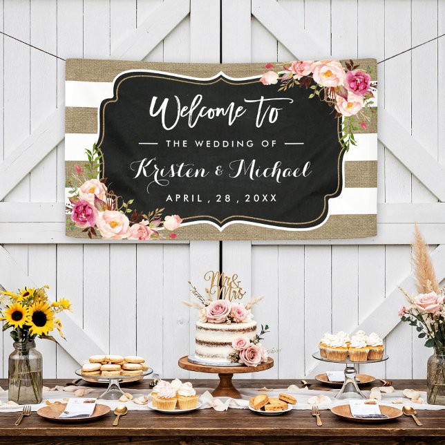 Rustikale Country Burlap Stripes Floral Wedding Pa Banner (Von Creator hochgeladen)