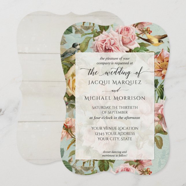 Rustikale Country Chic Rose Blume Bird Wedding Einladung (Vorne/Hinten)