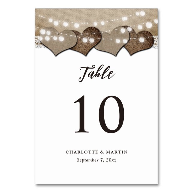 Rustikale Country Hearts Burlap Lights Hochzeit Tischnummer (Vorderseite)