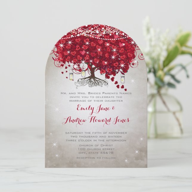 Rustikale Country Mason Jar Red Silver Tree Hochze Einladung (Stehend Vorderseite)
