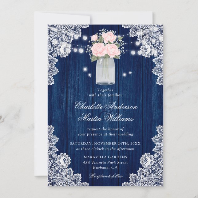 Rustikale Country Navy Blue Blush Wood Lace Weddin Einladung (Vorderseite)