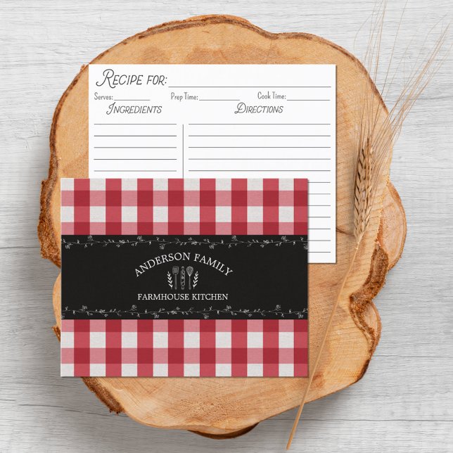 Rustikale Country Red Gingham Family Rezept Card (Front and back)