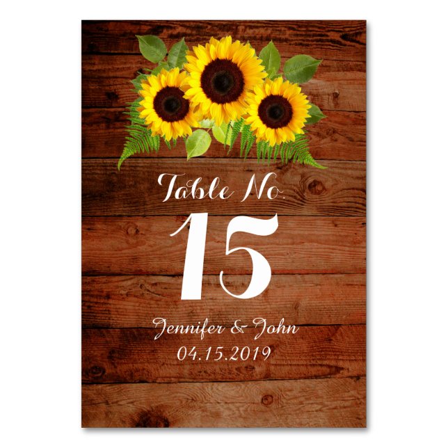 Rustikale Country Sunflowers Fern Wedding Table Ca Tischnummer (Vorderseite)