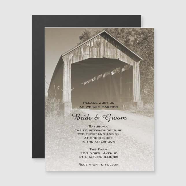 Rustikale Covered Bridge Country Wedding Magneteinladung (Vorne/Hinten)