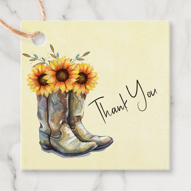 Rustikale Cowboy Boots mit Sonnenblumen Danke Geschenkanhänger (Vorderseite)