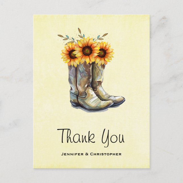 Rustikale Cowboy Boots mit Sonnenblumen Danke Postkarte (Vorderseite)