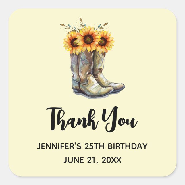 Rustikale Cowboy Boots mit Sonnenblumen Danke Quadratischer Aufkleber (Vorderseite)