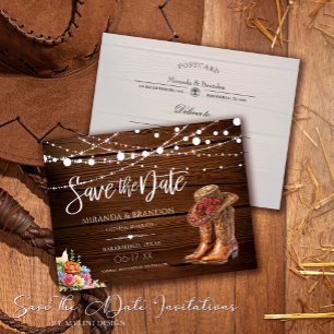 Rustikale Cowboy Boots Western Hochzeit retten das Ankündigungspostkarte