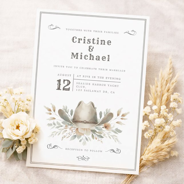 Rustikale Cowboy-Hochzeit Einladung (Cowboy hat, western wedding invitation in watercolors. Vintage style.)