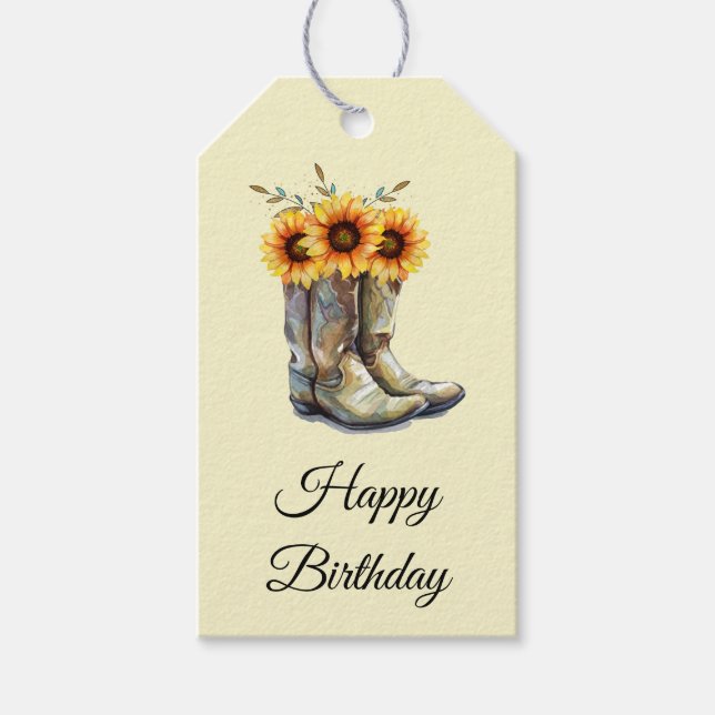 Rustikale Cowboy Stiefel mit Sonnenblumen Geburtst Geschenkanhänger (Vorderseite)