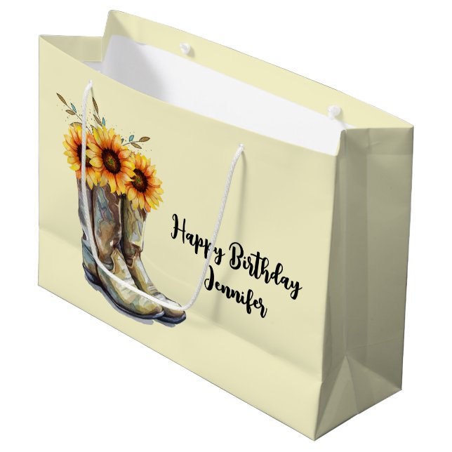 Rustikale Cowboy Stiefel mit Sonnenblumen Geburtst Große Geschenktüte (Vorderseite Schrägansicht)