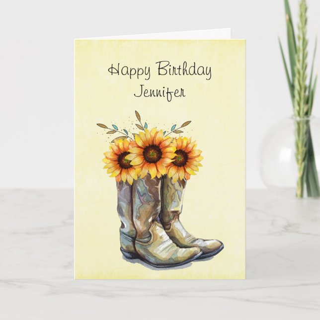 Rustikale Cowboy Stiefel mit Sonnenblumen Geburtst Karte (Vorderseite)