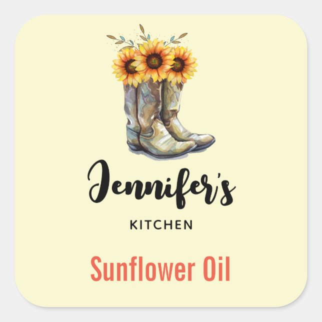 Rustikale Cowboy Stiefel mit Sonnenblumen Küche Quadratischer Aufkleber (Vorderseite)