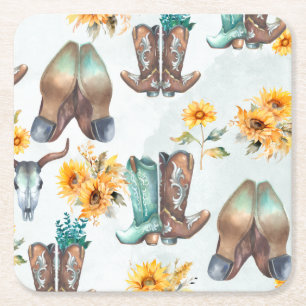 Rustikale Cowboy Stiefel und Sonnenblumen Aquarell Rechteckiger Pappuntersetzer