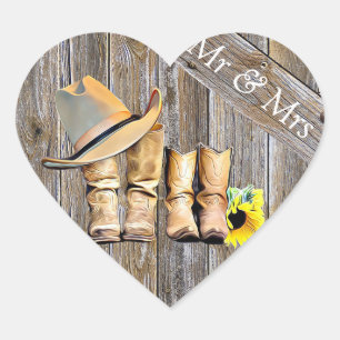 Rustikale Cowboy- und Cowgirl-Hochzeit Mr und Mrs Herz-Aufkleber
