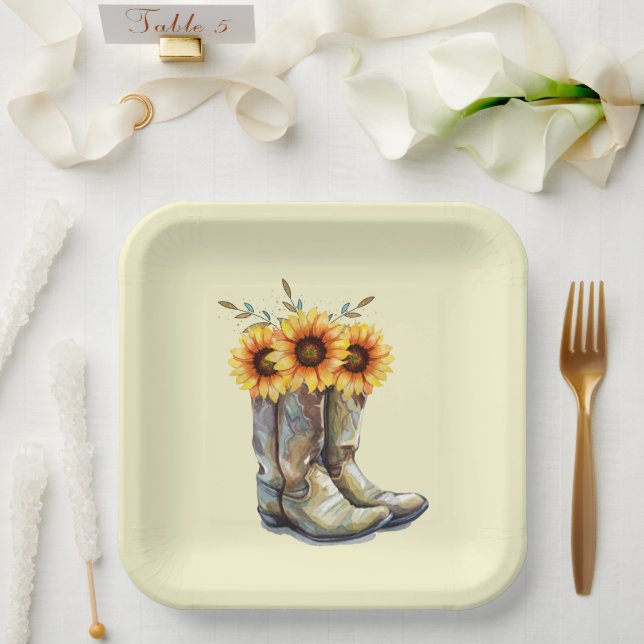 Rustikale Cowboystiefel mit Sonnenblumen Pappteller (Hochzeit)