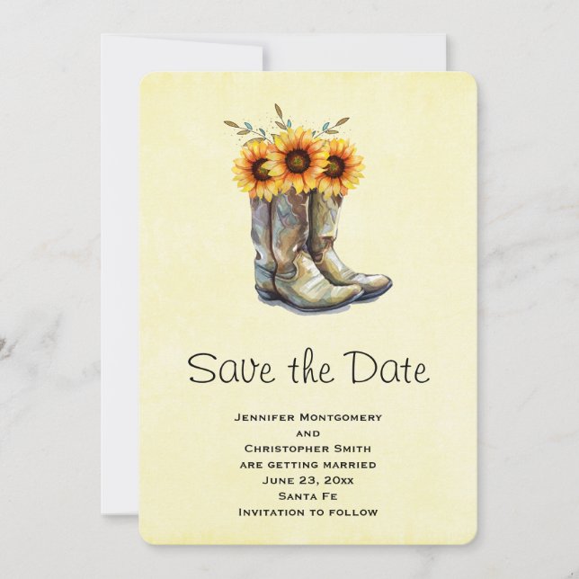 Rustikale Cowboystiefel mit Sonnenblumen Save the  Date (Vorderseite)