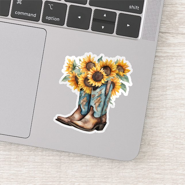 Rustikale Cowboystiefel und Sonnenblumen Wasserdic Aufkleber (Detail)