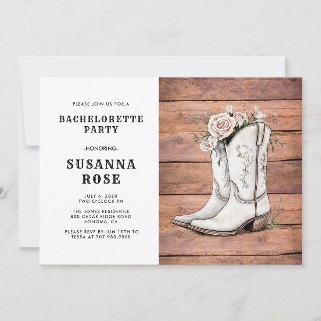 Rustikale Cowgirl Stiefel und Rose Junggeselinnen- Einladung (Vorderseite)