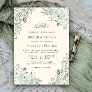 Rustikale Cream Sage Green Floral Lace muslimische Einladung