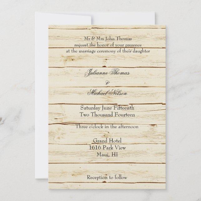 Rustikale Cream Wood Wedding Einladung (Vorderseite)