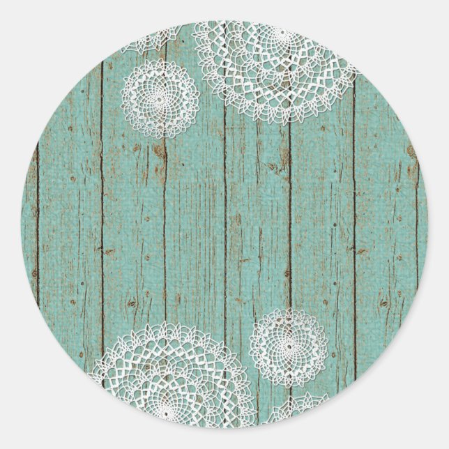Rustikale Crochet Doilien auf Türkis Bauernhof Hol Runder Aufkleber (Vorderseite)