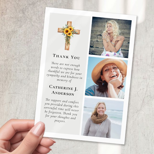 Rustikale Cross Sunflower 3 Foto Beileid Beerdigun Dankeskarte (Von Creator hochgeladen)