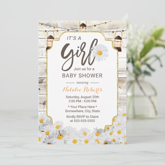 Rustikale Daisy Blume Lanterns Girl Babydusche Einladung (Stehend Vorderseite)